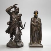 A spelter figure, 'Le Retour' and a similar 'knight' table lighter 27cm