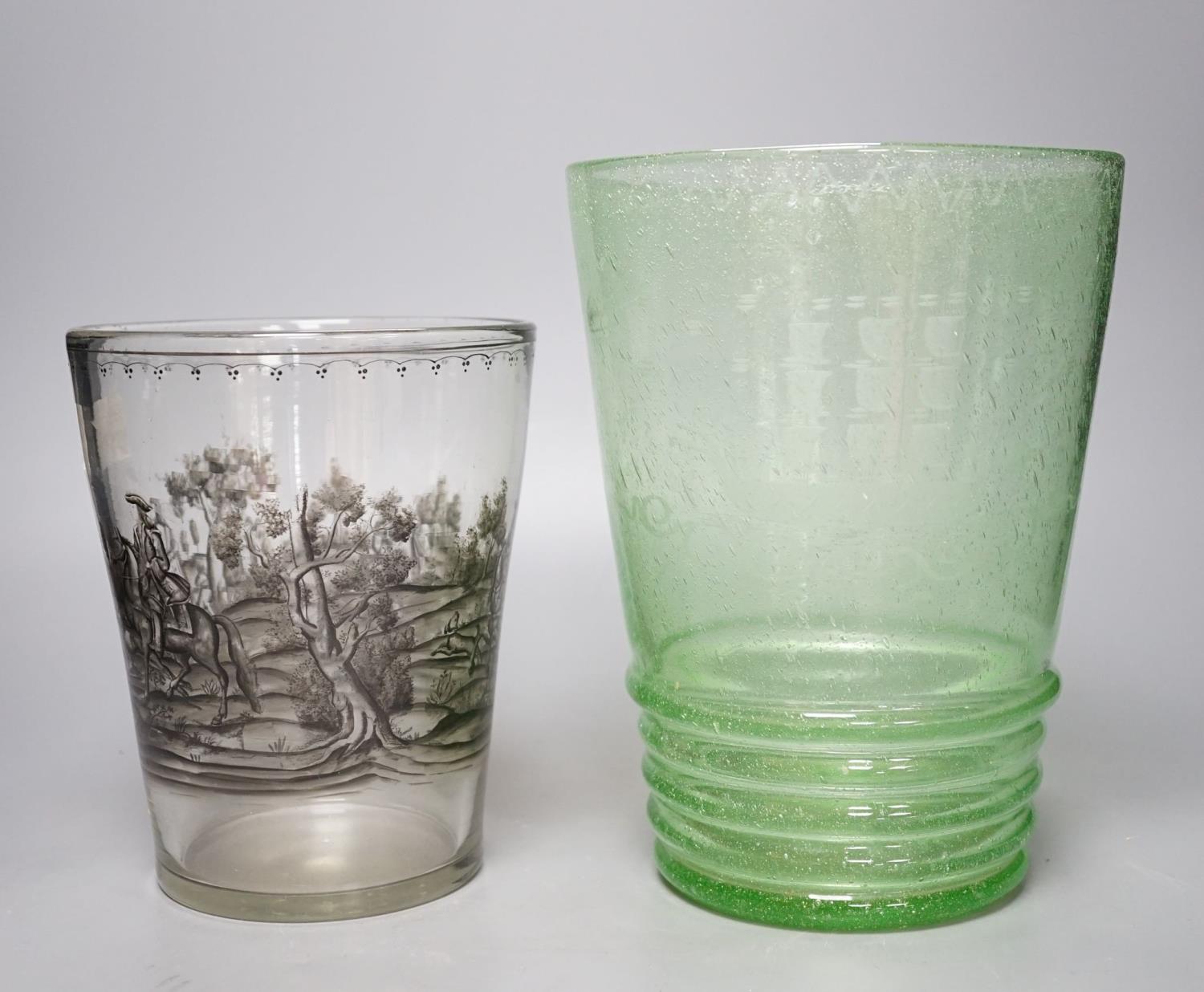 A Bohemian enamelled beaker vase and a green glass vase, 26cm