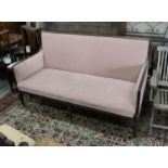 A late Victorian mahogany Show Wood frame sofa, on square tapering legs with castors, length