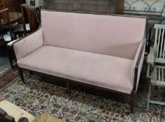 A late Victorian mahogany Show Wood frame sofa, on square tapering legs with castors, length