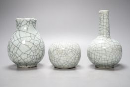 Three Chinese crackle glaze vases, 16cm