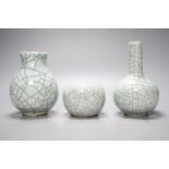 Three Chinese crackle glaze vases, 16cm