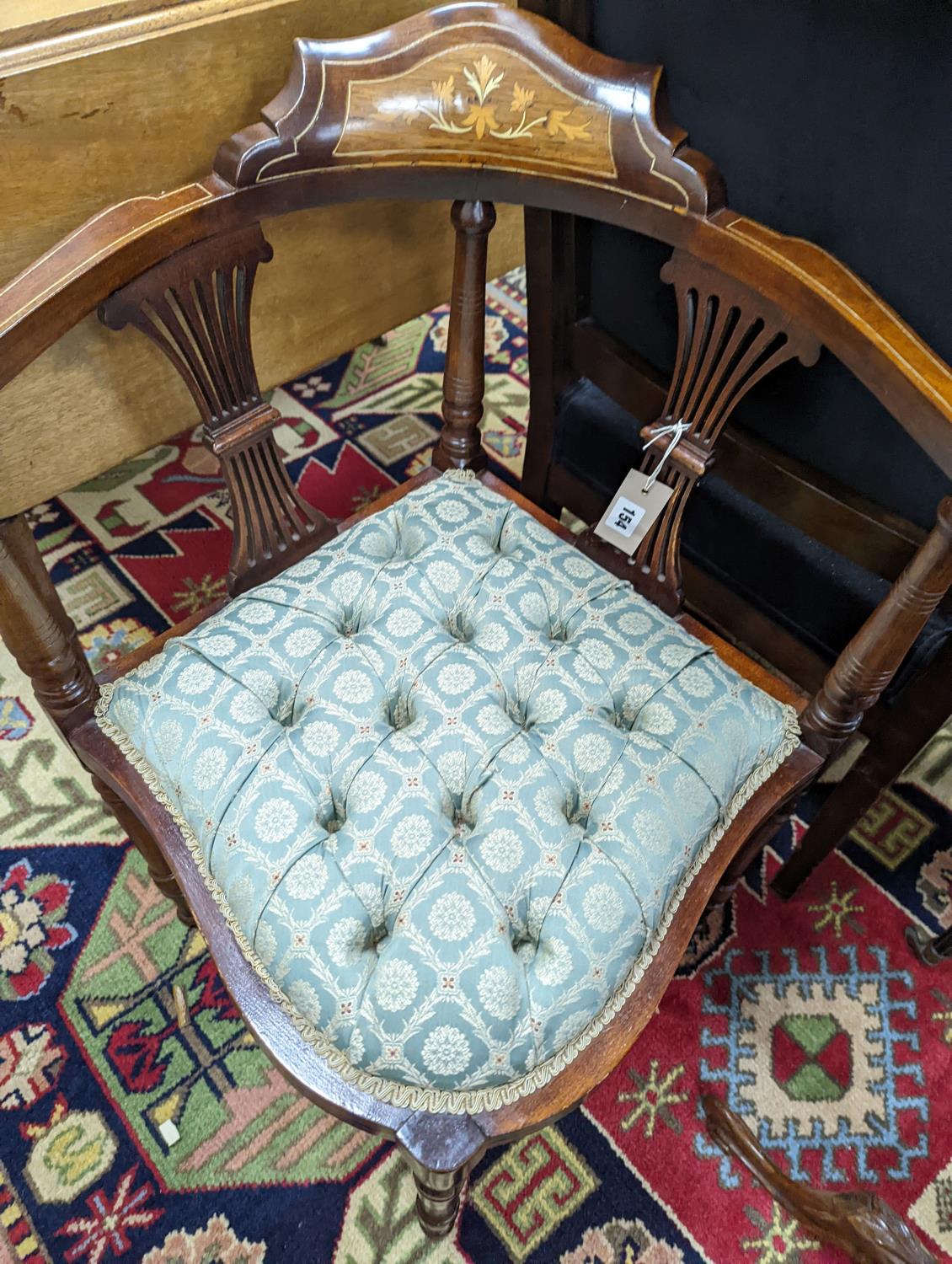 An Empire style gilt metal mounted beech elbow chair together with a late Victorian inlaid corner - Image 3 of 5