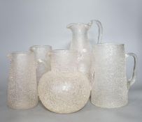 Five various Victorian iced glass jugs, 29cm