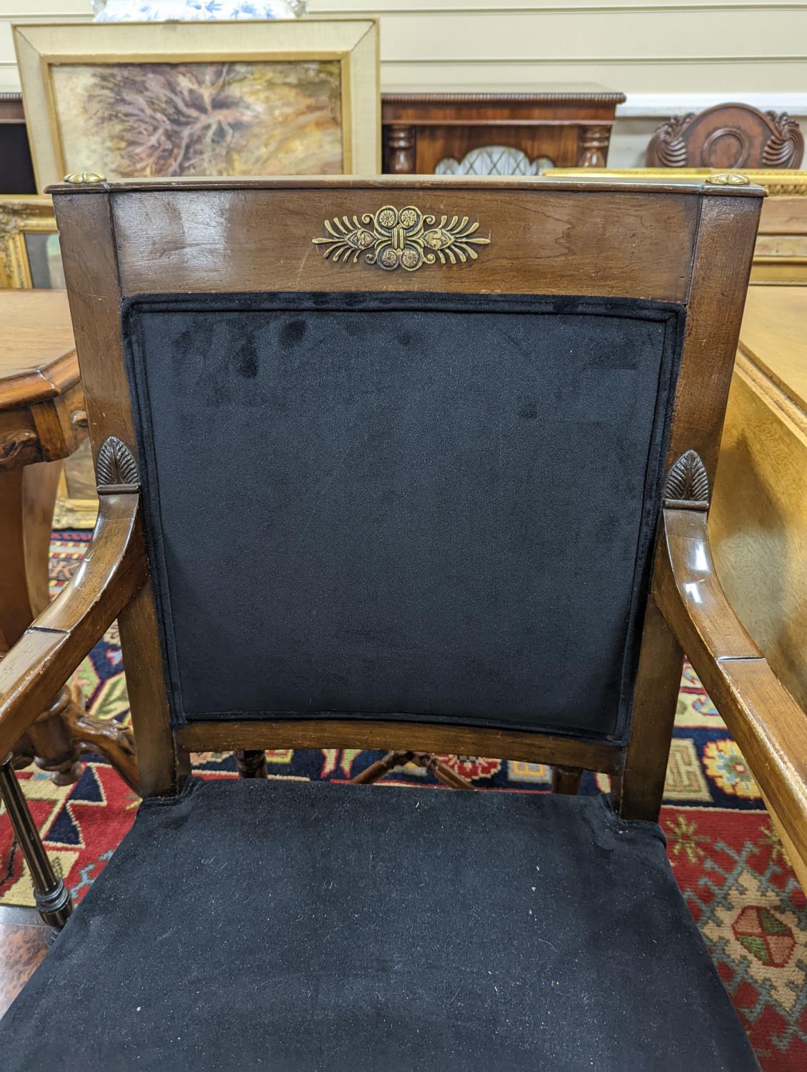 An Empire style gilt metal mounted beech elbow chair together with a late Victorian inlaid corner - Image 4 of 5