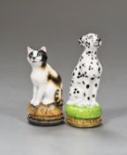 Two Halcyon Days bonbonnieres; Dalmatian, 5.5cm, and cat, both boxed.