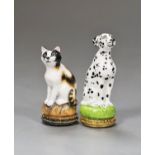 Two Halcyon Days bonbonnieres; Dalmatian, 5.5cm, and cat, both boxed.