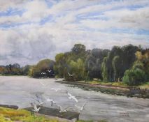 Edward Walker, (1879-1955), watercolour, 'The Thames, near Teddington', signed, Abbot & Holder label