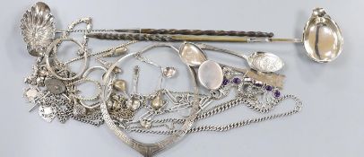 A group of assorted mainly silver items including toddy ladle, jewellery, pin cushion, cutlery etc.