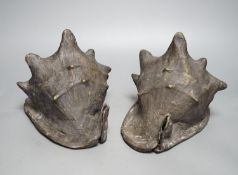 A pair of spelter conch shells, 24cm