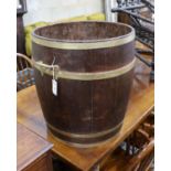 A large brass bound staved oak tub, diameter 54cm, height 61cm