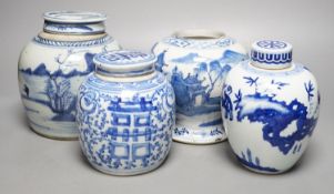 Four Chinese blue and white jars, 19th century and later