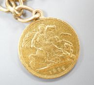 An 1896 gold half sovereign, mounted on a 9ct gold bracelet, gross 12.1 grams.