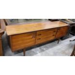 A mid century design teak sideboard, length 209cm, depth 49cm, height 75cm