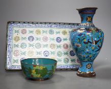 A 19th century Canton enamel tray, a cloisonne enamel bowl and a vase, 30cm