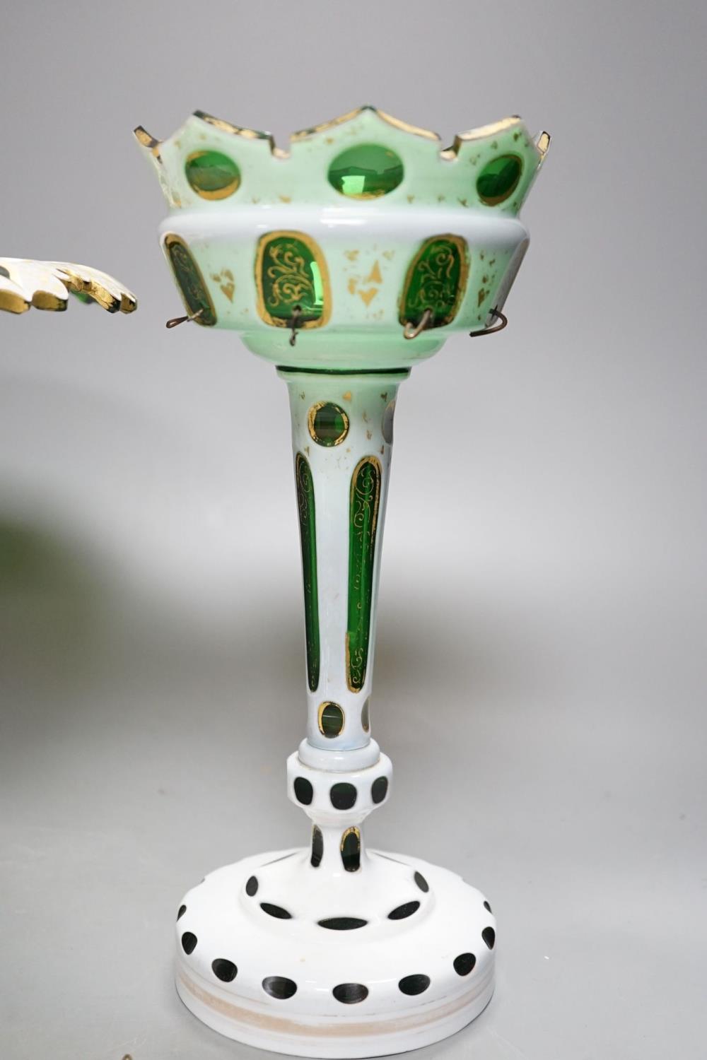 A 19th century overlaid green glass comport, 24cm high, and a similar table lustre - Image 3 of 8