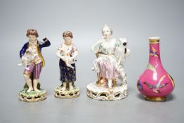 A Minton porcelain figure of a lady seated with a dog c.1830, a pair of Derby figures of a girl