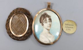 A George III portrait miniature of Rebecca Johnson, inset plaited hair verso, 6cm high