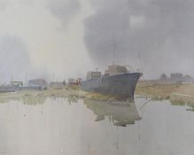 Wapping Group, watercolour, River landscape with moored vessel, indistinctly signed Can..., 23 x