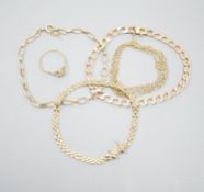 Three assorted 9ct gold bracelets, a 9k chain and a 9ct gold and diamond chip set ring, gross 24.4