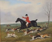E.C., oil on canvas, Huntsman and hounds in full cry, initialled, 44 x 52cm