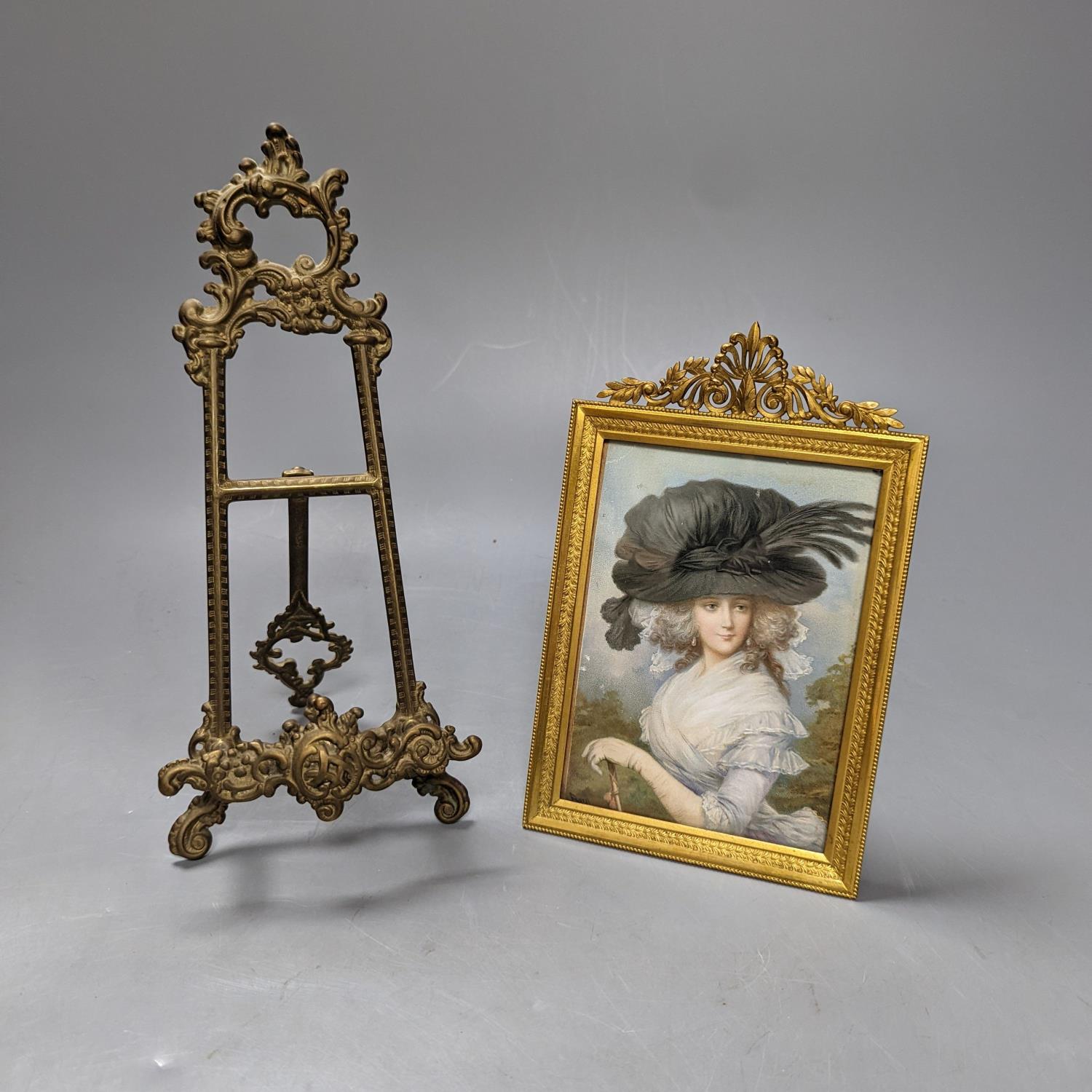 Victorian miniature print of a lady in a black feather hat, in gilt-brass frame, and a small brass
