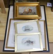 A small collection of Marine pictures including watercolour vignettes of an 18th century warship and