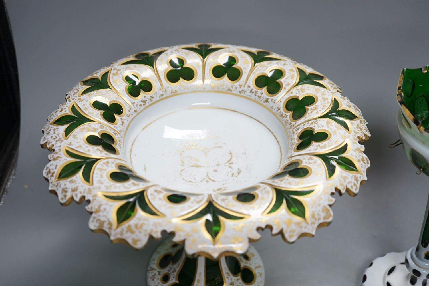 A 19th century overlaid green glass comport, 24cm high, and a similar table lustre - Image 6 of 8