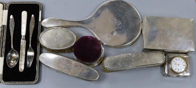 Sundry minor silver items including hand mirror, brushes, cigarette box, pin cushion, etc.