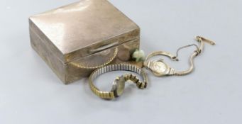 A small silver cigarette box, a silver wrist watch and a lady's 9ct gold Avia wrist watch, gross