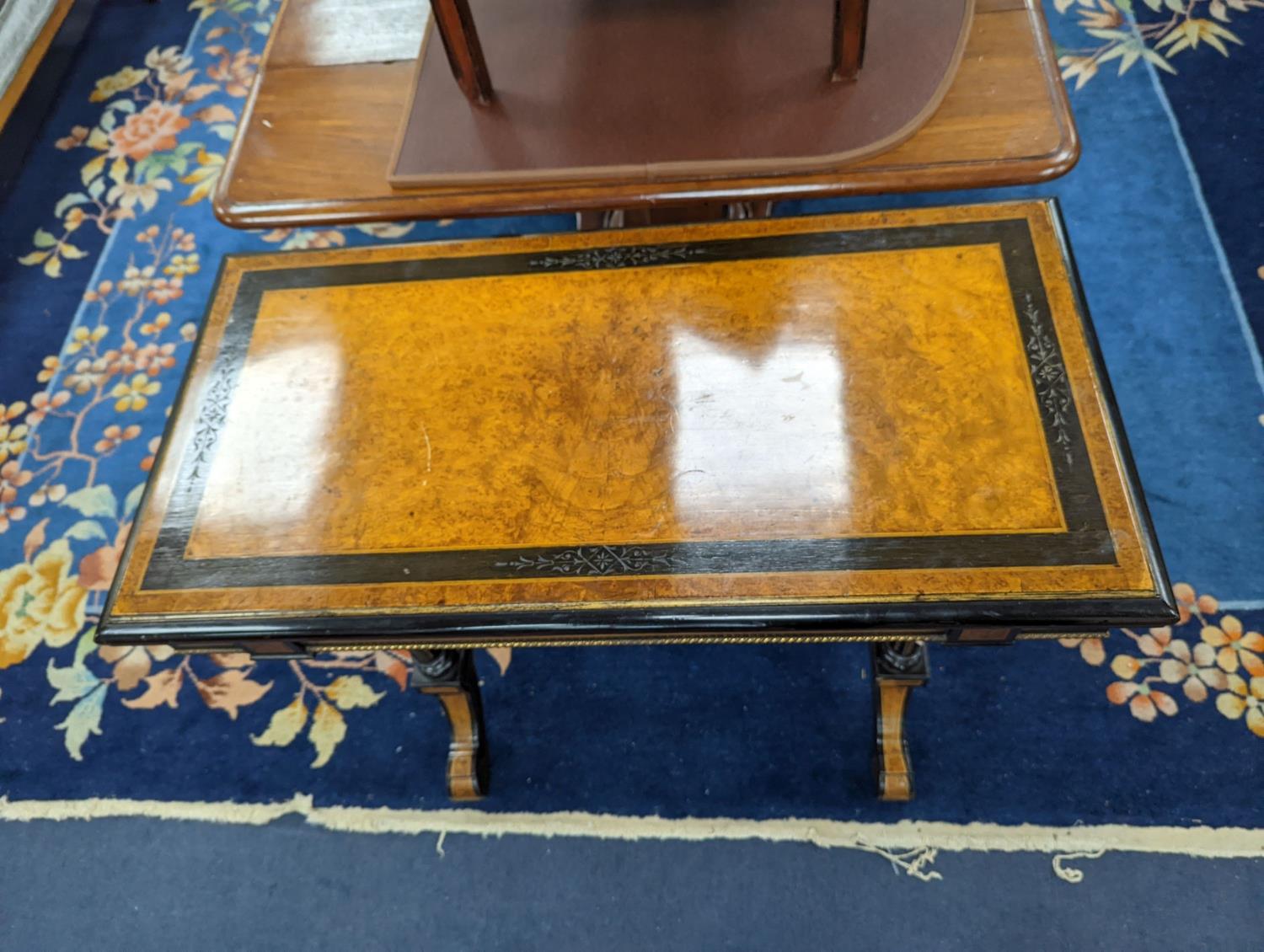 A Victorian part ebonised rectangular Amboyna folding card table, width 91cm, depth 46cm, height - Image 2 of 5