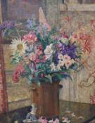Modern British, oil on canvas, Still life of flowers in a pottery vase, 61 x 50cm