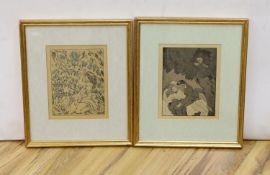 Modern British, two hand coloured prints, Nudes with onlookers, 20 x 15cm