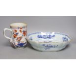 An 18th century Chinese blue and white dish, 30cm., and a Chinese Imari mug