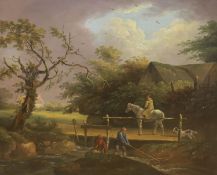 Early 19th century English School, oil on canvas, Eel catchers in a landscape with passing