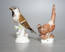 A Meissen porcelain pheasant and sparrow, incised numbers to base, 15cm