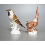 A Meissen porcelain pheasant and sparrow, incised numbers to base, 15cm