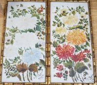 A pair of framed floral painted porcelain plaques signed F. Perrin, 41x19cm excl frames