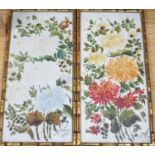 A pair of framed floral painted porcelain plaques signed F. Perrin, 41x19cm excl frames