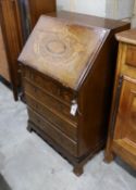 An Edwardian marquetry inlaid mahogany bureau, width 61cm, depth 46cm, height 99cm