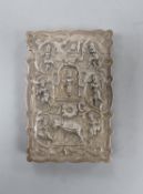 An Indian embossed white metal card case, decorated with figures and elephants, 97mm,(small hole