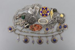 An early 20th century French gilt white metal enamel and antique lapis lazuli bead set drop fringe