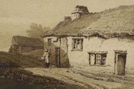 Samuel Prout (1783-1852), monochrome watercolour, Cottages in Devon, Fine Art Society label verso,