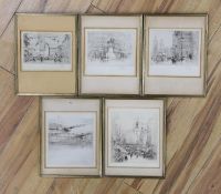 William Walcot (1874-1943), five dry point etchings: Westminster Abbey, Charring Cross, Ludgate