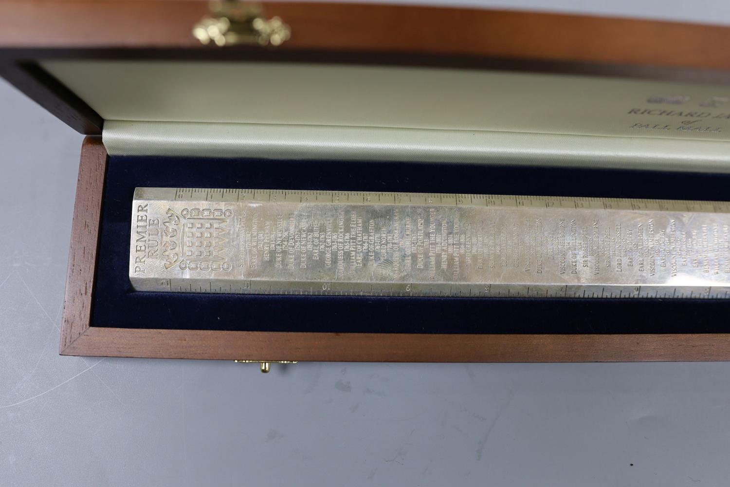 A cased modern silver 'Premier Rule' ruler, engraved with the names and dates of British Prime - Image 2 of 4