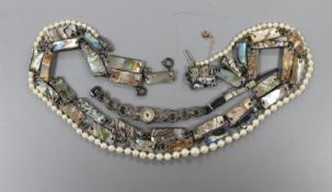 A single strand cultured pearl necklace, with marcasite clasp, a lady's silver and marcasite set