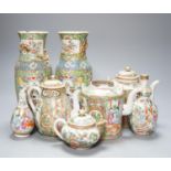 A group of Canton famille teawares and vases, largest 25cm