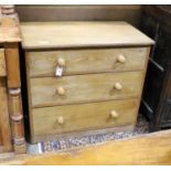 An early 20th century pine three drawer chest, width 86cm, depth 50cm, height 77cm