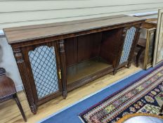 A Regency style mahogany two door dwarf cabinet, width 186cm, depth 45cm, height 91cm