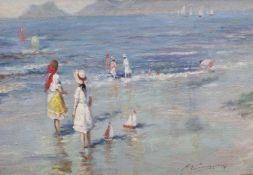 Italian School, oil on canvas, Children on the seashore, indistinctly signed, 48 x 67cm